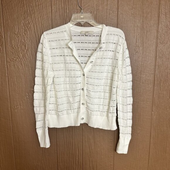 LOFT Sweaters - Loft‎ Open Knit Textured Button Up Cardigan Sweater Size Large White Ribbed Trim